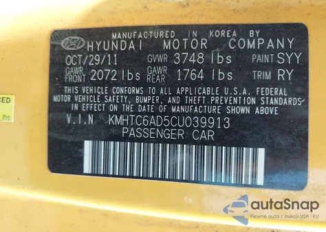 2012 Hyundai Veloster Base W/Black z USA, uszkodzony, nr VIN KMHTC6AD5CU039913